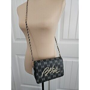Bebe Gianna Monogram Crossbody Chain Strap Purse NWT Black And Gold